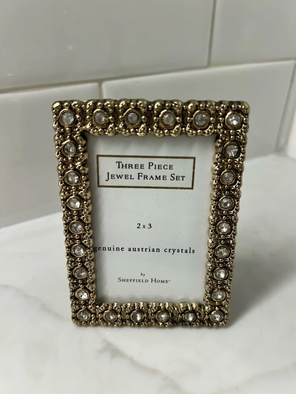 Set of 2 Sheffield Home Jeweled Austrian Crystal 2x3 Picture Frames – Gold Tone